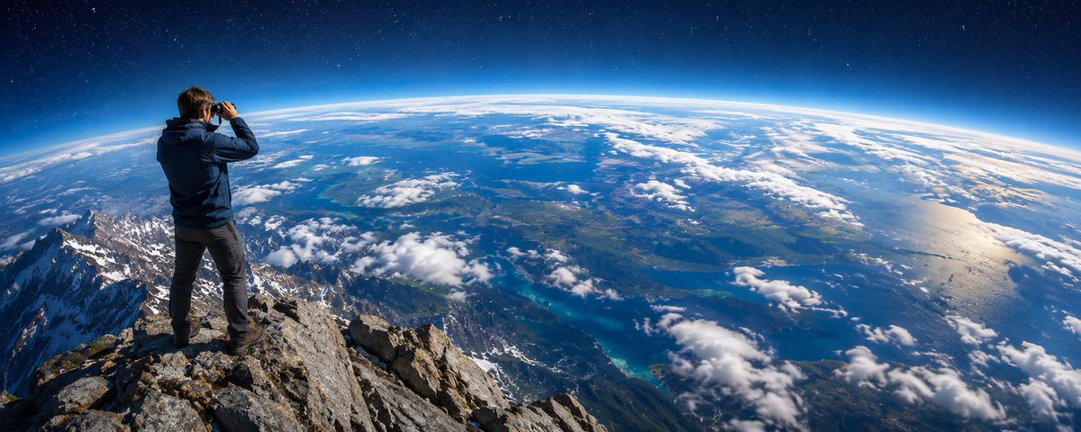 A man with binoculars on a rocky summit looks out over the curve of the Earth beneath a starry sky